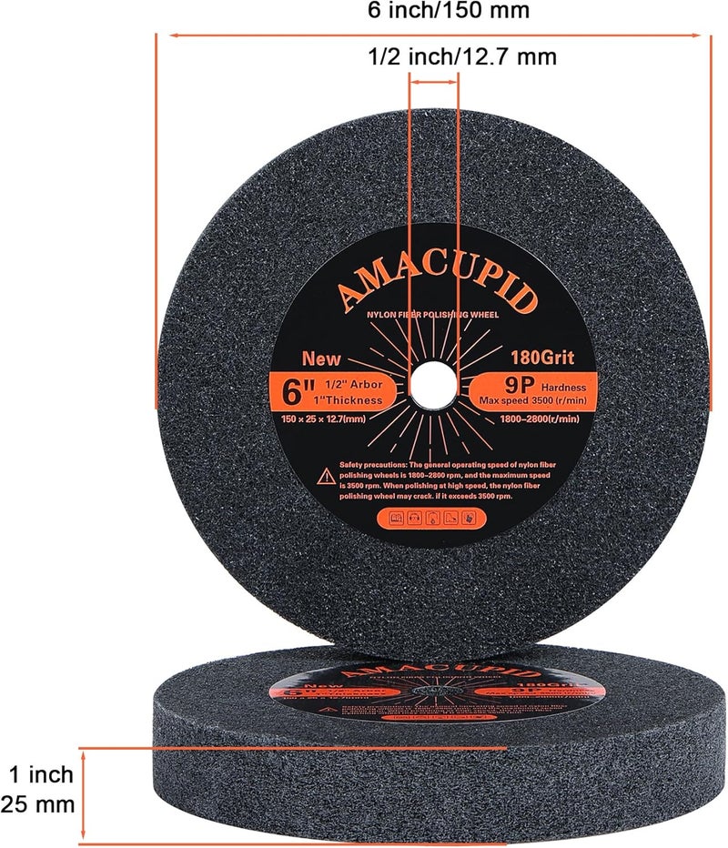 AmaCupid Deburring Wheels Nylon Fiber Buffing Wheel 6 inch 9P Hardness. for Bench Grinder Polishing Machine. Silicon Carbide Abrasive. Polishing Stainless Steel, etc. 1/2 inch Arbor, 180 Grit - Image 2